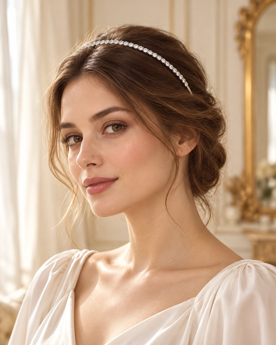 Woman wearing the silver-tone single-row Éloise Solitaire cubic zirconia headband